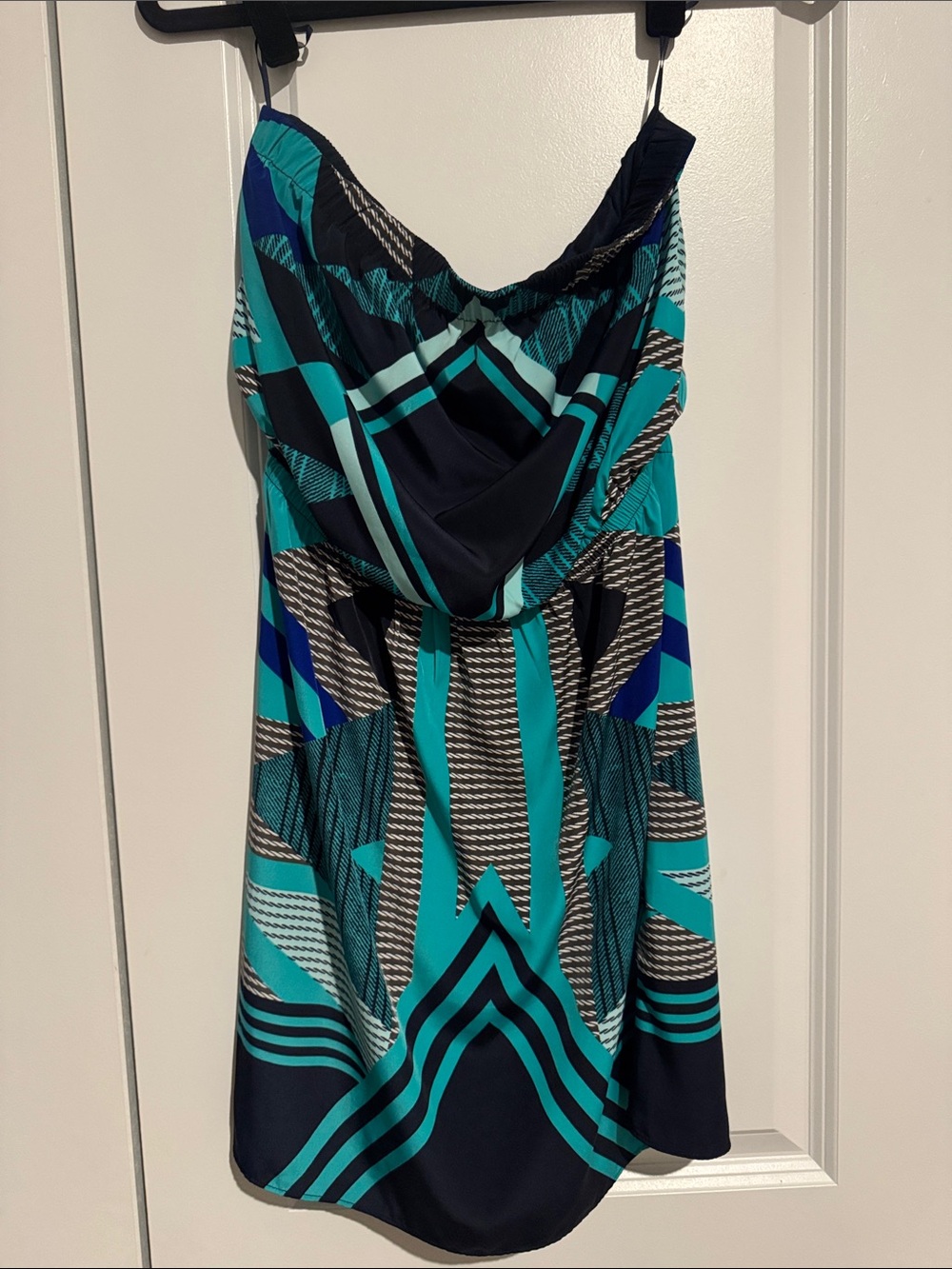 Express Strapless Geometric Teal & Navy Dress